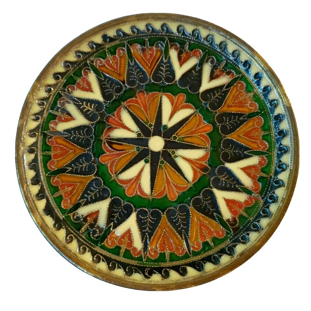 Greek Bronze Copper Artistisan Made G. Halkide 6" Metal Plate Red Black Accent